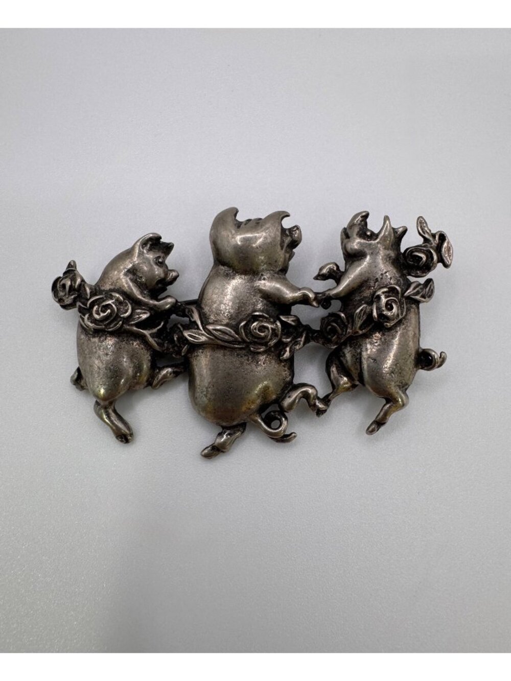 Vintage 3 Little Pigs Dancing Brooch Silver Tone Figural Floral Storybook